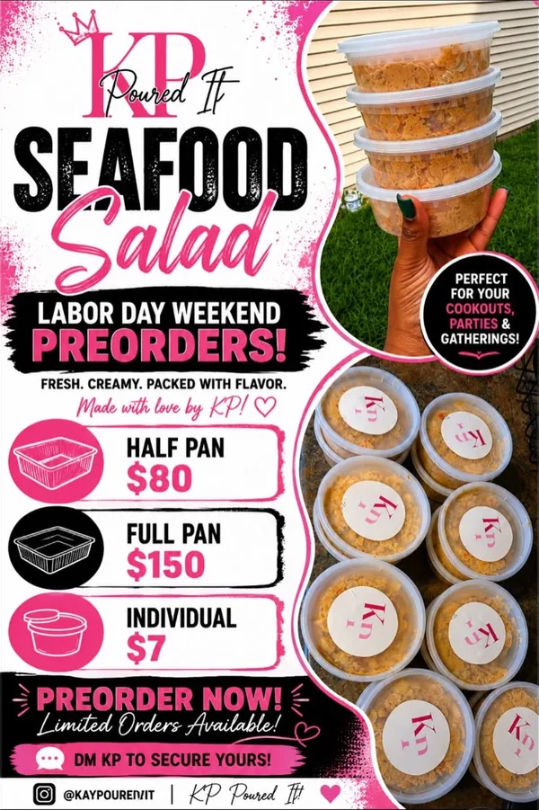KP seafood salad preorder flyer with half pan, full pan and individual prices